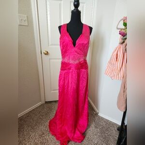 Jovani Vintage Silk Beaded Halter Hot Pink Prom Dress 14 Gown